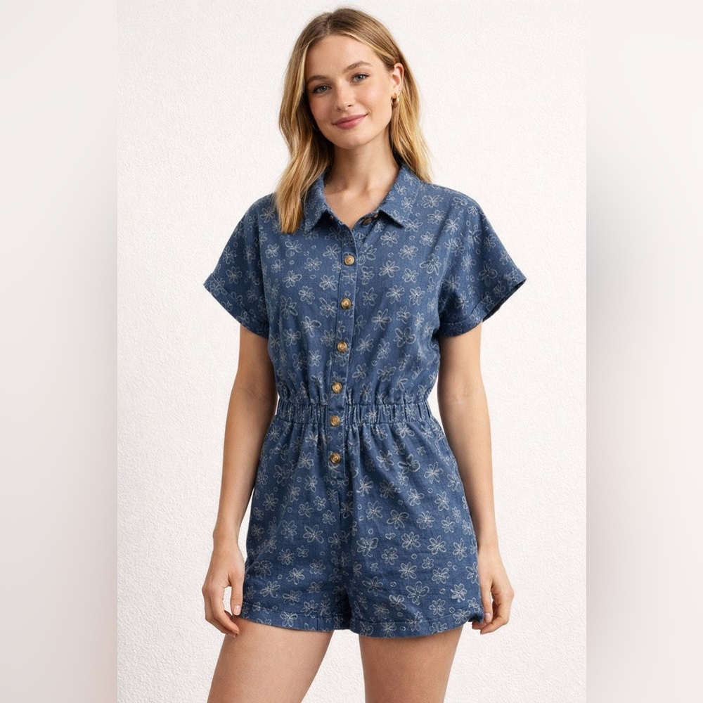 Pink Lily Women’s Denim Romper One Piece Jumpsuit Size M Athletic Sporty